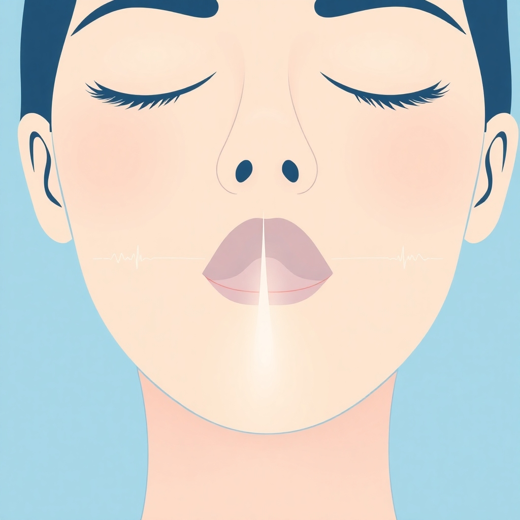 A stylized illustration depicting a close-up of a person's face, with gentle, flowing lines emanating from their mouth and nose, representing breath.  Incorporate subtle visual effects to show how the breath affects the body and mind, such as gentle pulses and color gradients.  The color palette should be calm and soothing, with shades of blue and green to symbolize peace and tranquility. The style should be clean and modern, yet subtly organic.