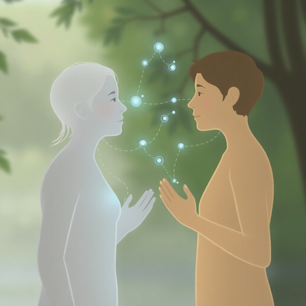 A stylized illustration depicting two individuals interacting, with invisible chemical signals, represented by glowing lines and particles, connecting and flowing between them.  The overall style should be smooth, almost ethereal, reflecting the subtle and often unconscious nature of chemical communication.  Use a muted color palette, with highlights of soft blues and greens to emphasize the flow of these unseen signals. The background could be a soft, blurred image of a natural environment to suggest the primal nature of this communication.