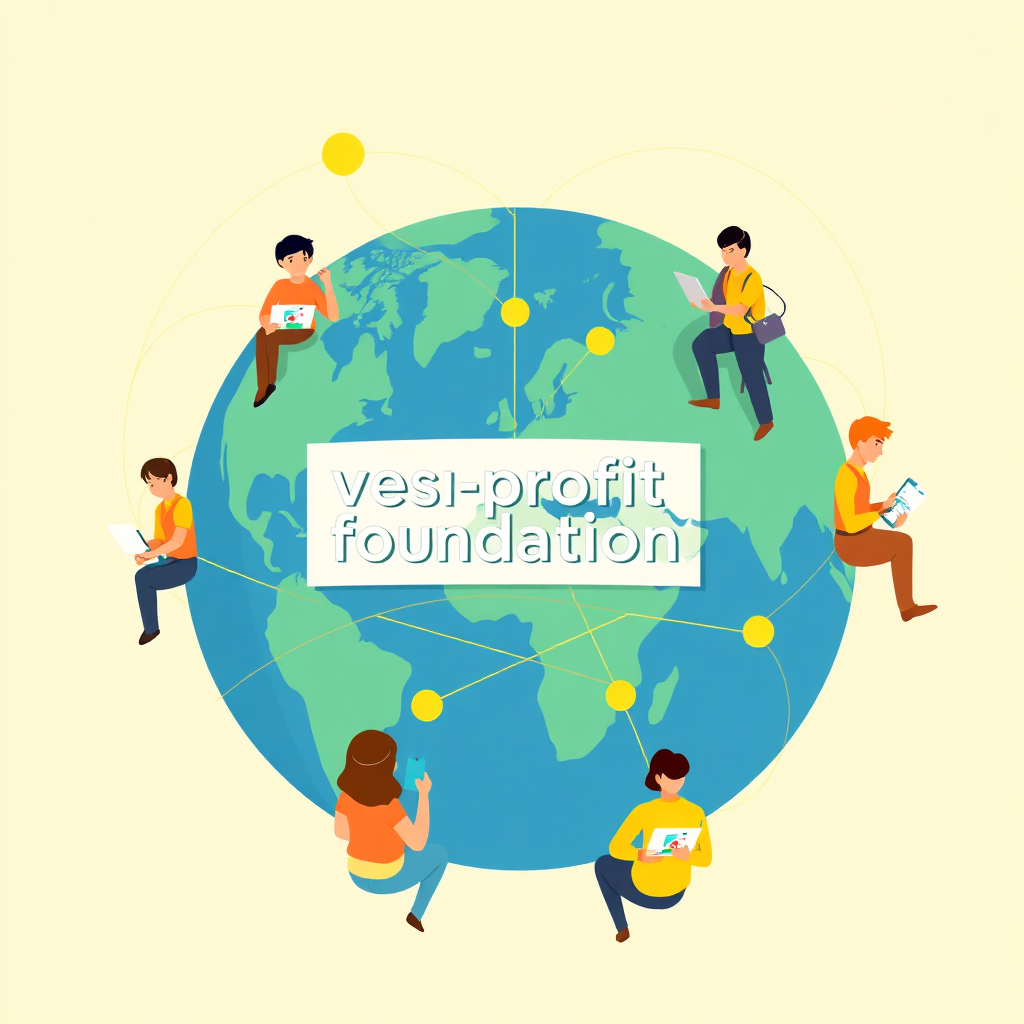 A stylized illustration of a non-profit foundation's website being accessed by people from around the world. The image depicts a globe with interconnected lines representing the internet, with people of different backgrounds accessing the foundation's website on various devices. The color palette is vibrant and modern, using shades of blue, green, and yellow. The overall impression is one of global reach and inclusivity. The lighting is soft and warm. Camera angle is slightly angled to show the different elements of the illustration. Style reference: Modern illustration, global communication. 4K resolution.