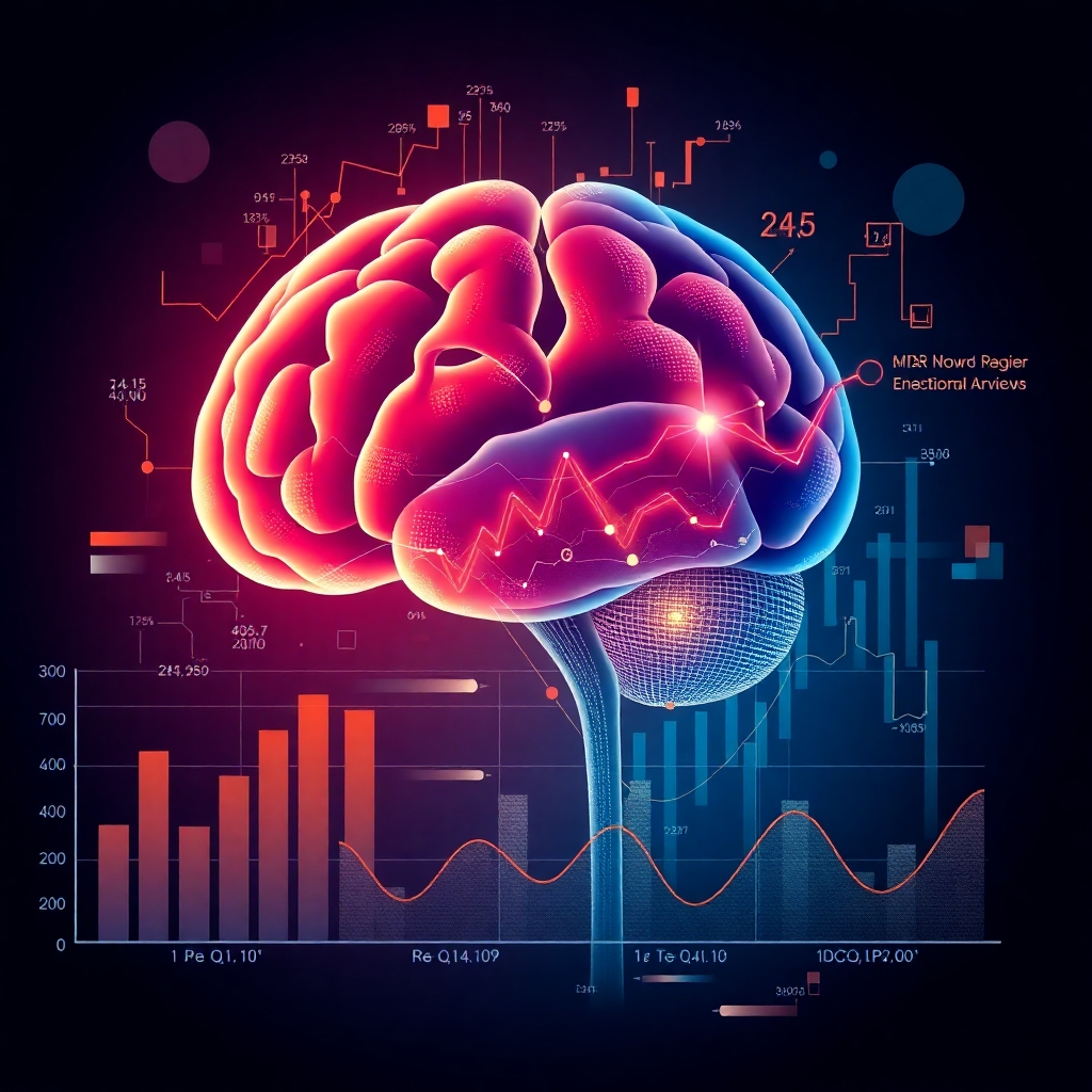 A stylized image combining elements of brain activity and financial charts. The colors should represent both analytical data and human emotion. Resolution: 4K