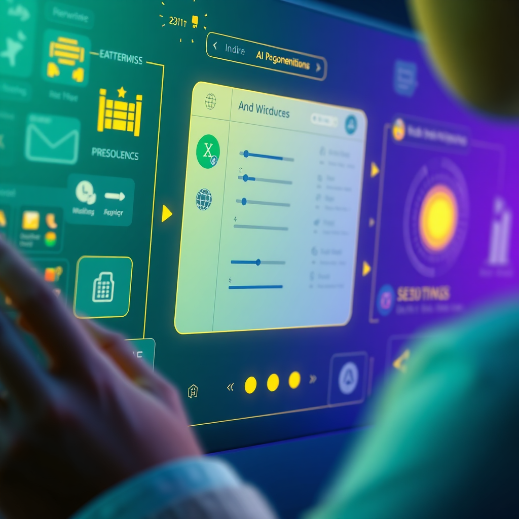 A stylized image depicting a customizable AI interface with various widgets and settings. The interface is adapting to the user's preferences and providing personalized recommendations. The lighting should be soft and inviting, emphasizing the user-friendliness of the interface. The color palette should consist of calming blues and greens, with accents of warm yellow to symbolize personalization. Camera angle: Close-up, focusing on the interface and the user's interactions. Texture details should be smooth and intuitive. Style references: User interface design, personalization, technology. Technical specs: 4K resolution, high quality, digital art style.