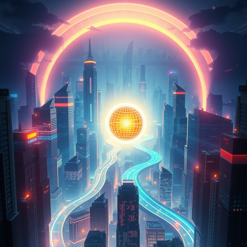 A stylized image depicting a futuristic cityscape with data streams flowing through the buildings like rivers. A glowing orb in the center of the city symbolizes predictive analysis, casting light and revealing potential opportunities and challenges. The lighting should be dramatic and atmospheric, creating a sense of anticipation. The color palette should consist of deep blues and purples, with highlights of bright orange and yellow to emphasize the future. Camera angle: Aerial view, capturing the scope and scale of the predictive analysis. Texture details should be sleek and futuristic. Style references: Science fiction, urban planning, data visualization. Technical specs: 4K resolution, high quality, digital art style.