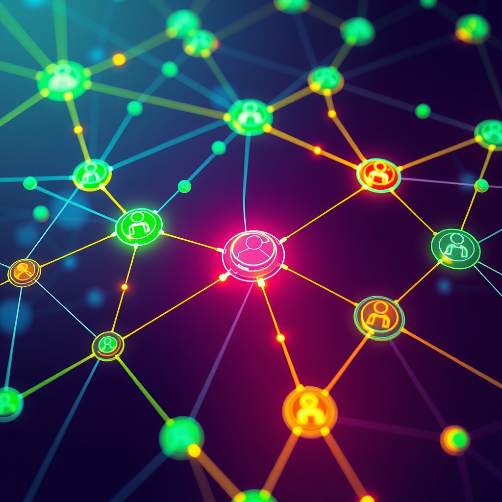 A stylized image depicting a network of interconnected nodes representing various business resources (e.g., employees, equipment, finances). AI algorithms are optimizing the flow of resources, creating a dynamic and efficient system. The lighting should be vibrant and energetic, emphasizing the optimization process. The color palette should consist of bright greens and blues, with accents of orange and yellow to symbolize efficiency and productivity. Camera angle: Overhead view, capturing the entire network of resources. Texture details should be sleek and modern. Style references: Network optimization, resource management, technology. Technical specs: 4K resolution, high quality, digital art style.