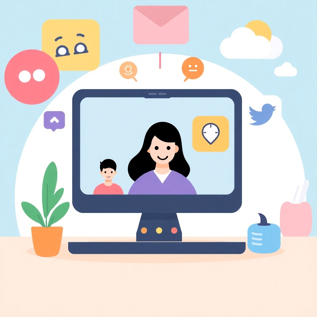 A stylized image depicting a video call screen with positive icons and colors. The focus should be on the sense of connection and convenience. Resolution: 4K