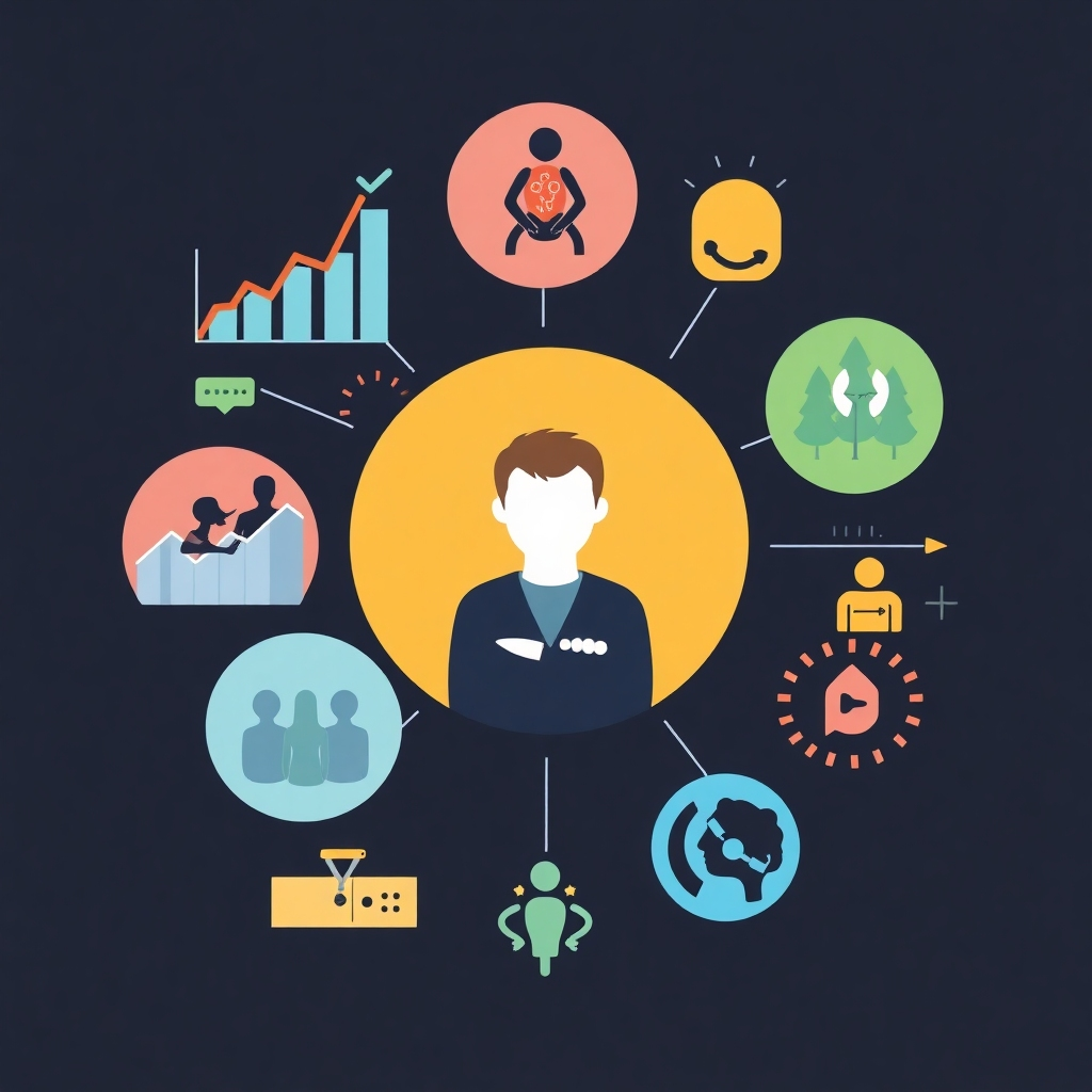 A stylized image depicting various visual representations of Stefan Podedworny's coaching services, such as graphs representing growth, images of people connecting, and symbols representing improved breathing and habit changes.  Use a blend of photorealistic and abstract elements to convey the comprehensive nature of his coaching practice. The style should be clean, modern, and inspiring, emphasizing the positive outcomes of his coaching. The color palette should be vibrant and uplifting.