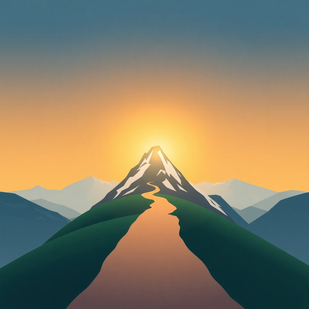 A stylized image of a path leading to a mountain peak. The path should be clear and lead to a bright, sunny summit representing success and achievement. Resolution: 4K