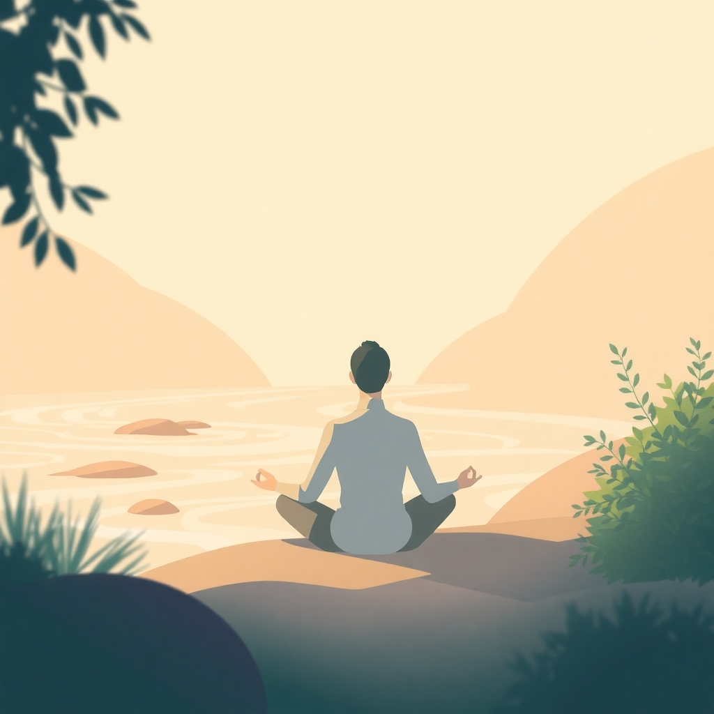 A stylized image of a person meditating in nature. Soft, pastel colours should be used to create a sense of serenity and peace.   The composition should be calming, with natural elements like flowing water or lush greenery included. Resolution: 4K