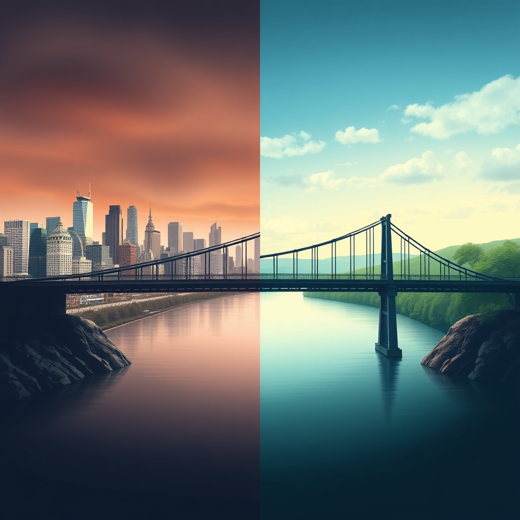  A stylized image representing a bridge connecting two different landscapes: one side is chaotic and stressful (cityscape), the other is serene and calm (nature). The bridge symbolizes Stefan's role in guiding people to a better state.