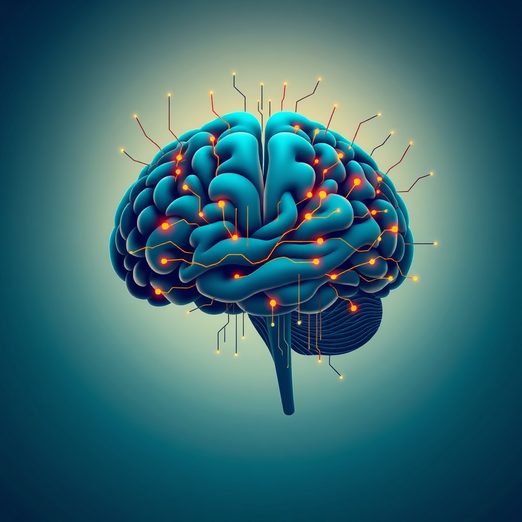 A stylized image representing the core mission of ULhub: enabling smart decisions through AI. The image should depict a human brain intertwined with digital circuits and data streams, symbolizing the fusion of human intellect and artificial intelligence. The composition should be balanced and harmonious, with a subtle gradient background transitioning from light to dark, representing the transition from uncertainty to clarity. The color palette should consist of calming blues and greens, with highlights of vibrant orange to signify insight and innovation. Camera angle: Eye-level, capturing the subject with a sense of connection and understanding. Texture details should be smooth and polished. Style references: Modern, abstract, tech-inspired. Technical specs: 4K resolution, high quality, digital art style.