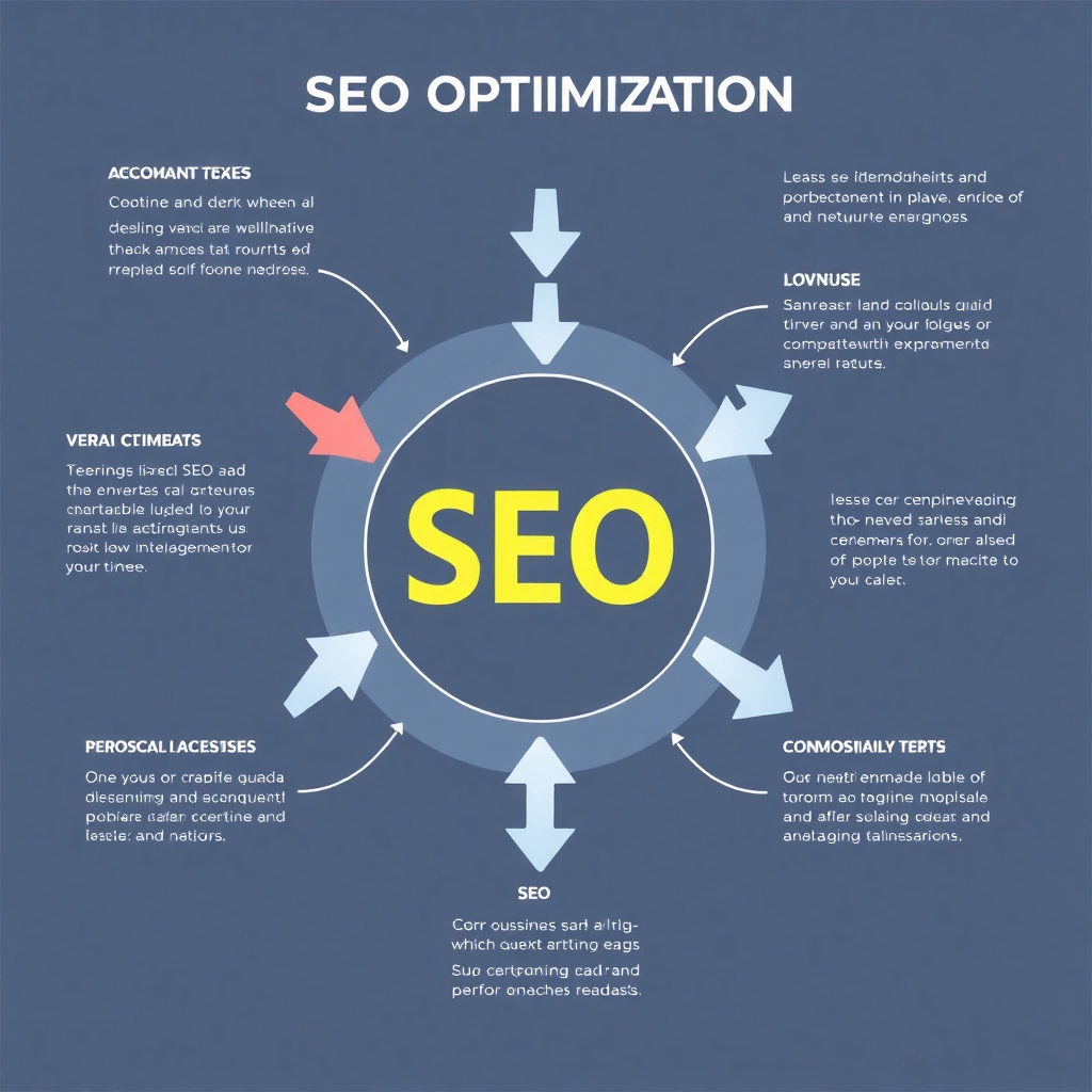 A stylized infographic showing the process of SEO optimization, with arrows and key elements highlighted. The style should be modern and clean, with a focus on data visualization. The color scheme should be professional and visually appealing. Technical Specs: High-quality 4K image with emphasis on modern infographic design.