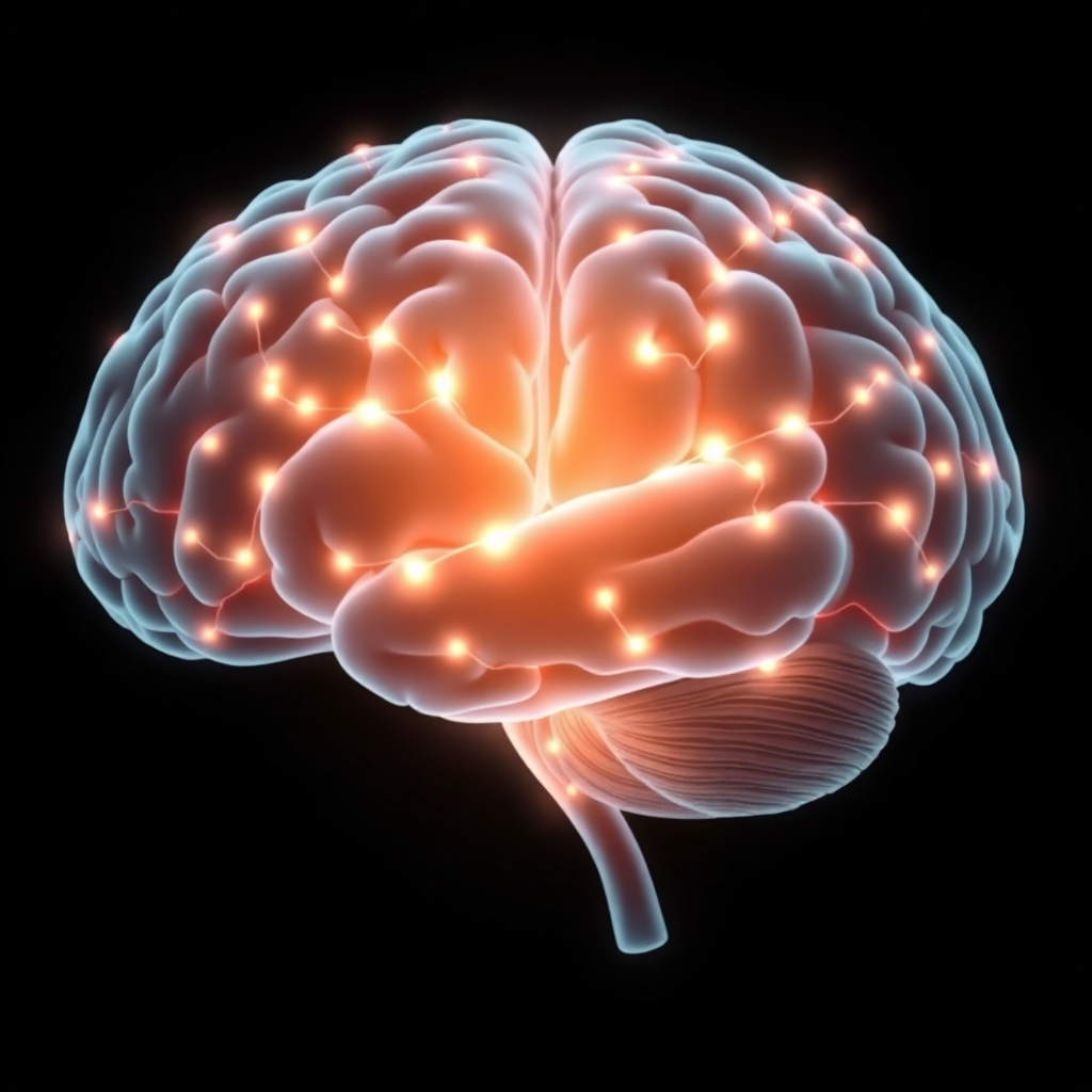 A stylized representation of a brain with interconnected pathways, glowing faintly. The surrounding environment is dark, emphasizing the brain's activity. The image should convey clarity, focus, and improved decision-making ability. Style: Data visualization.