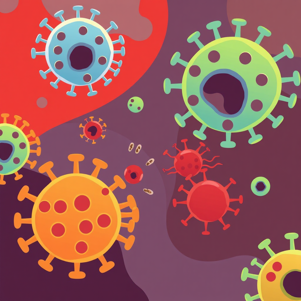 A stylized representation of the human immune system, showing healthy cells defending against pathogens. The style is modern and abstract, using vibrant colors and dynamic compositions. The pathogens are being destroyed, and the immune system is strong.