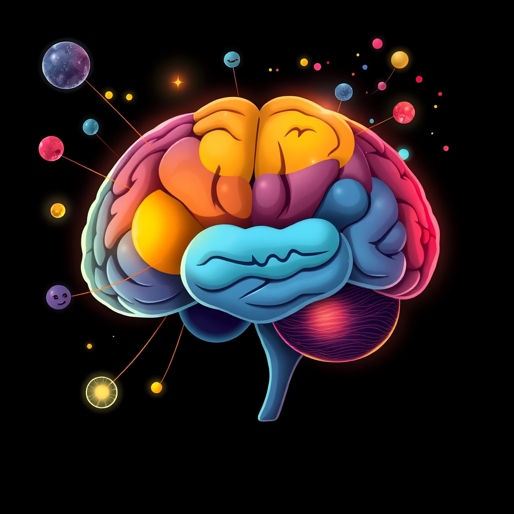 A stylized representation of the limbic system in the human brain, with different areas highlighted in response to various scent inputs. Color-coded zones indicate emotions like happiness, sadness, and fear. Scent molecules, depicted as abstract particles, trigger specific areas to light up. The background is a dark, contrasting space, emphasizing the brain's activity. The style is scientific and visually engaging, conveying the connection between scent and emotion. Technical Specs: 4K resolution, digital illustration, vibrant colors.