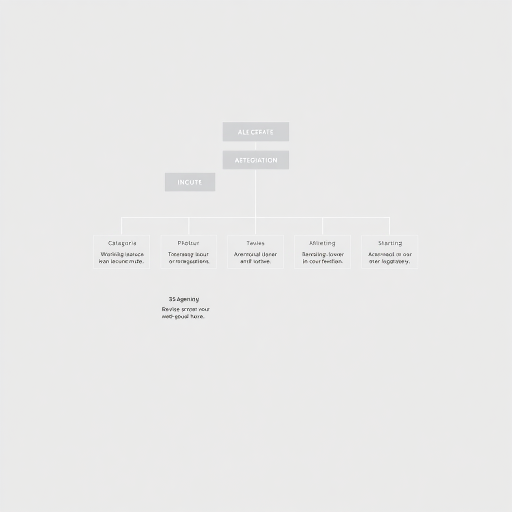 A visual representation of information architecture for a non-profit website. The image should depict a hierarchical structure, with clear categories and subcategories. The layout is logical and intuitive, allowing users to easily navigate the website's content. The color palette is muted, using shades of gray and white to create a sense of order and clarity. The typography is clean and legible. The overall impression is one of organization and professionalism. The lighting is soft and diffused. Camera angle is straight on. Style reference: Scientific diagram, minimalist design. 4K resolution.