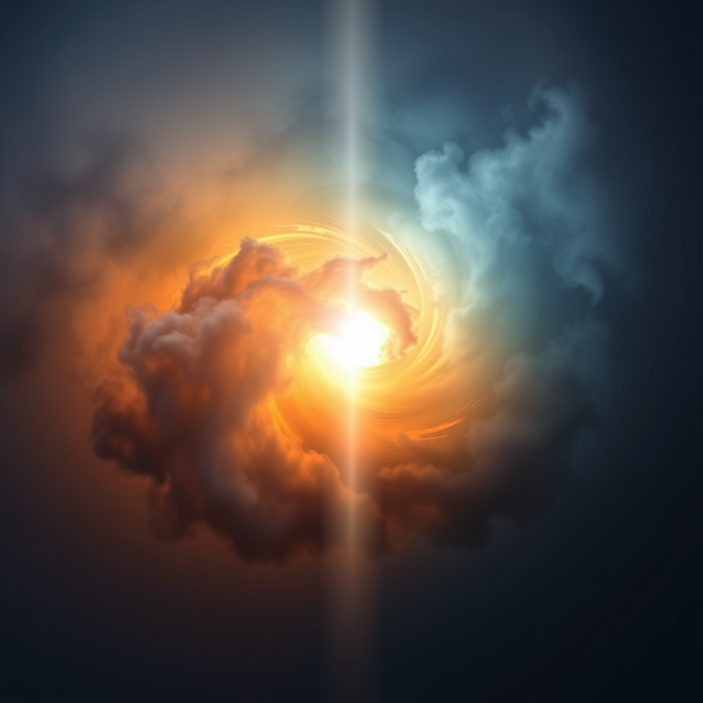 A visual representation of stress reduction through breathing. A swirling cloud of dark colors gradually dissipates as a beam of light (representing breath) shines through it.