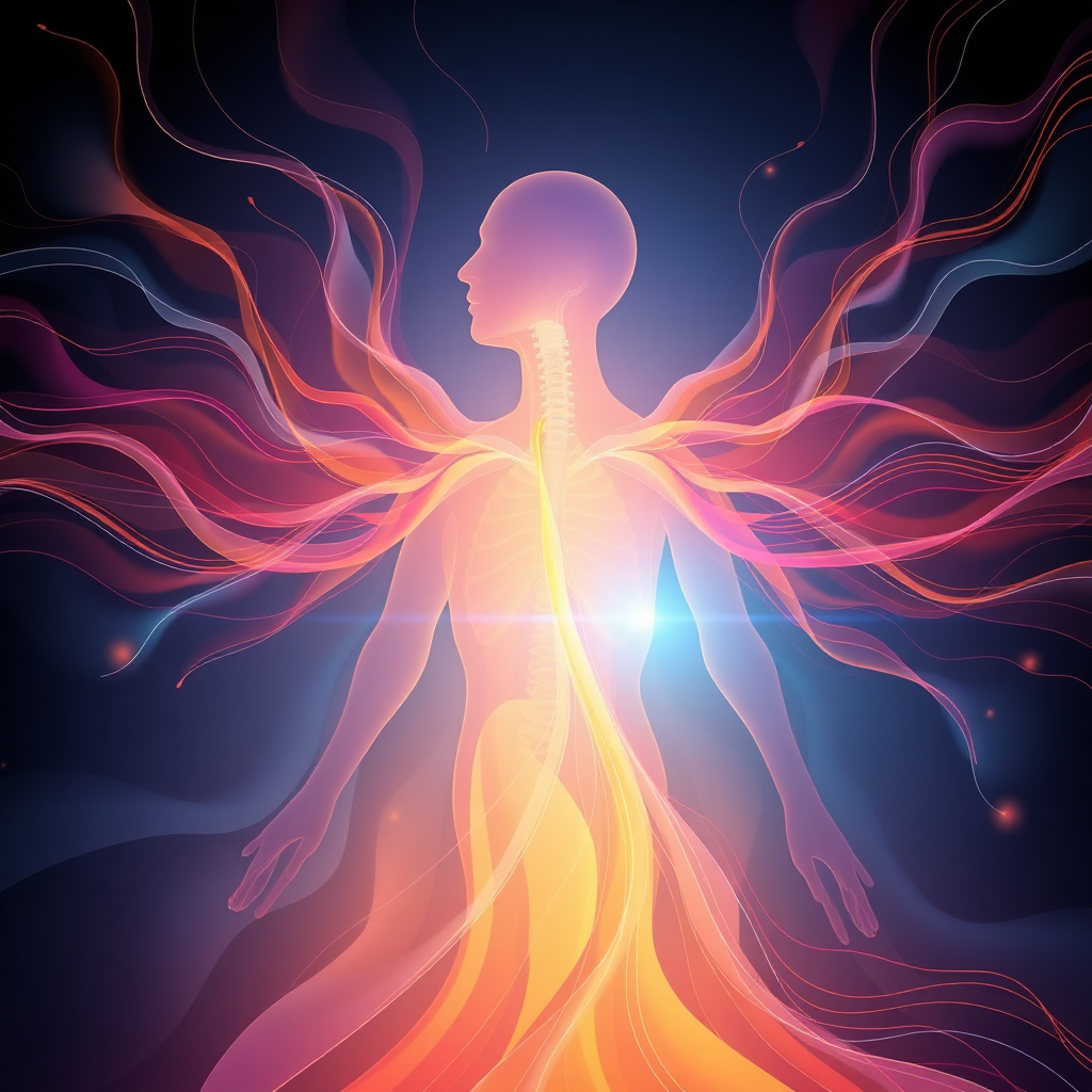 Abstract image representing the flow of breath throughout the body. Use flowing lines and a vibrant color palette to convey the sense of energy and vitality.