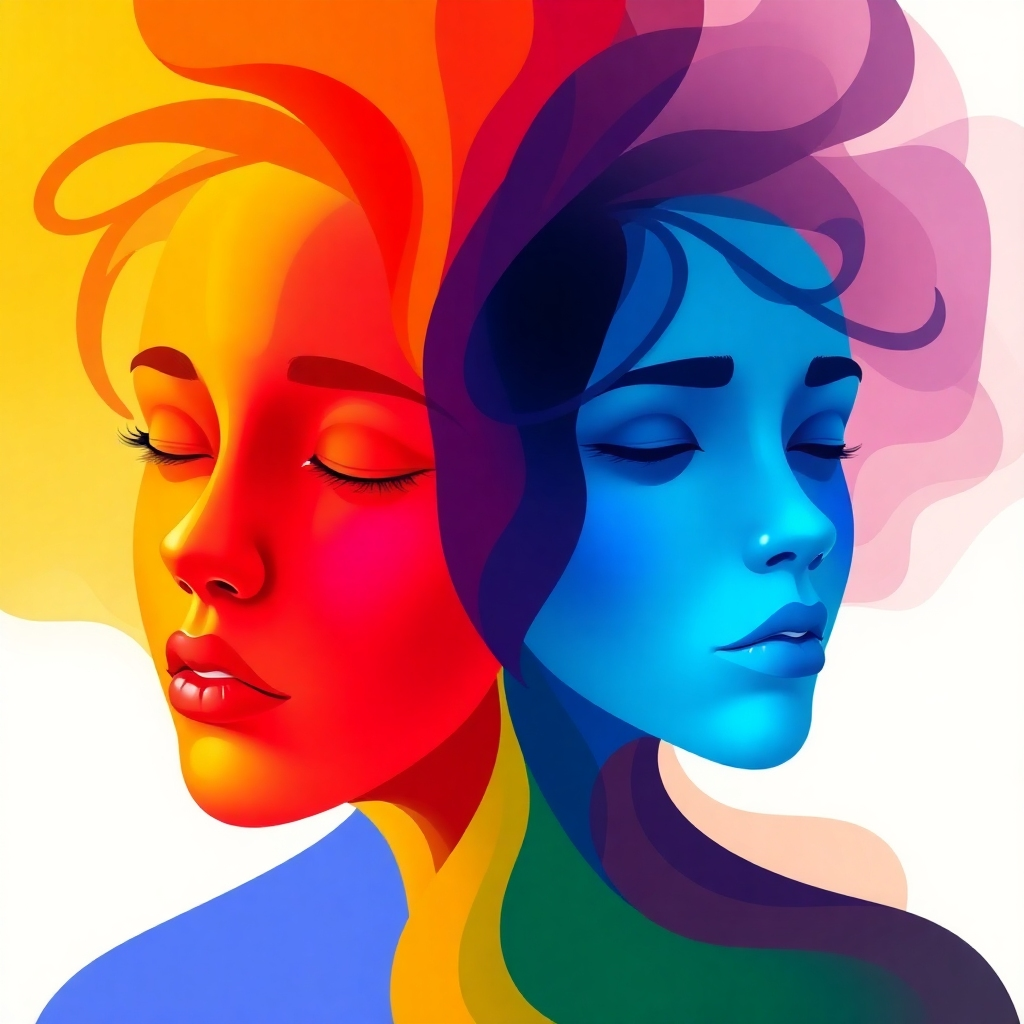 An abstract image using vibrant colors to represent different emotions.  Each color should represent a specific emotion (e.g., blue for calmness, red for excitement). The composition should show these emotions interacting dynamically.  Resolution: 4K