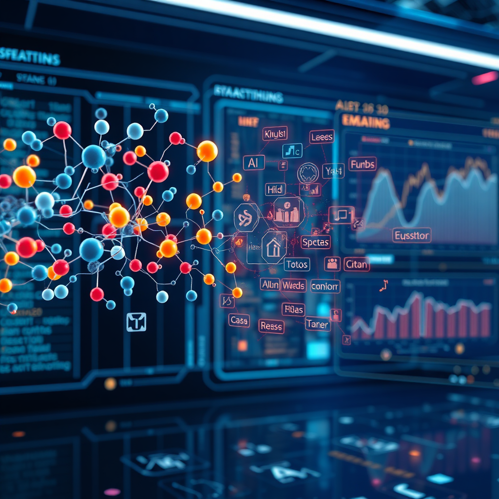 An abstract representation of AI algorithms analyzing scent data to identify and classify emotions. Scent molecules are represented as stylized icons, flowing into a neural network that generates emotional labels. The background is a futuristic interface, displaying graphs and charts derived from the AI analysis. The style is modern and technological, emphasizing the power of AI. Technical Specs: 4K resolution, digital rendering, abstract composition.