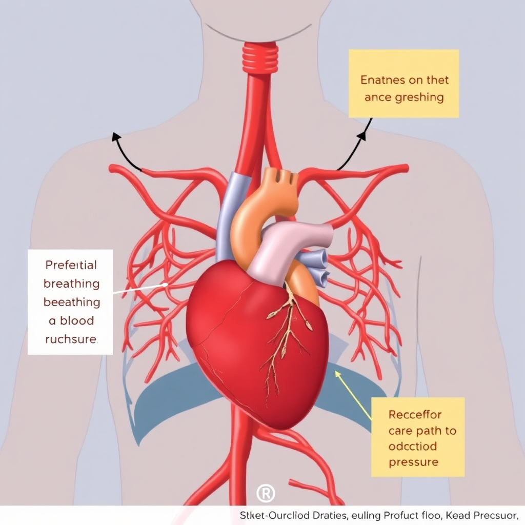 An animation or diagram of the human circulatory system, highlighting the heart and blood vessels. The style is clear and educational, showing how proper breathing enhances blood flow and reduces blood pressure. Focus on the heart.