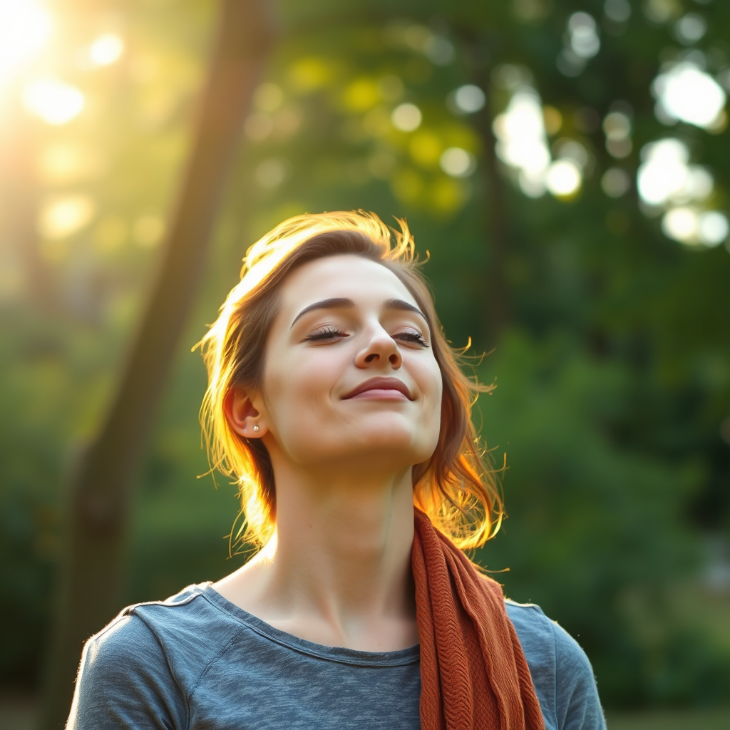 An image depicting a person practicing mindful breathing exercises in a natural setting (e.g., a park or forest). They appear relaxed and rejuvenated. The lighting is soft and golden.