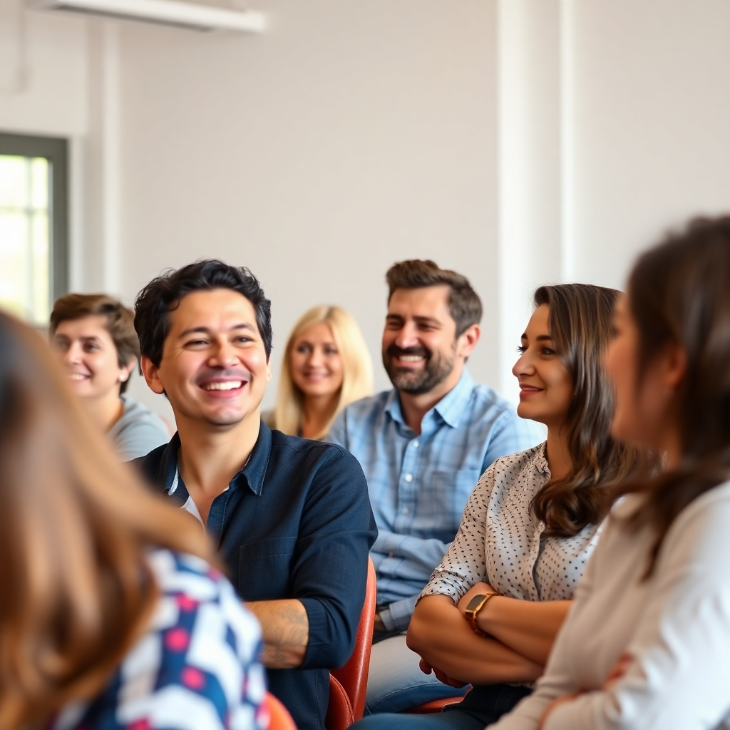 An image of a group of people actively participating in a workshop, smiling and engaged. The setting should be bright and welcoming. Resolution: 4K