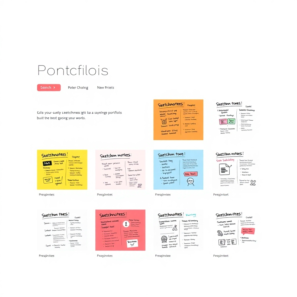 An image showcasing an effective portfolio layout on a modern website.  The image could feature a gallery of high-quality sketchnotes organized clearly and engagingly.  The color palette should enhance the vibrancy of the sketchnotes. The lighting should highlight the details of each sketchnote.  The overall style should be professional, modern, and eye-catching, designed to present the user’s skills and projects in the best light.