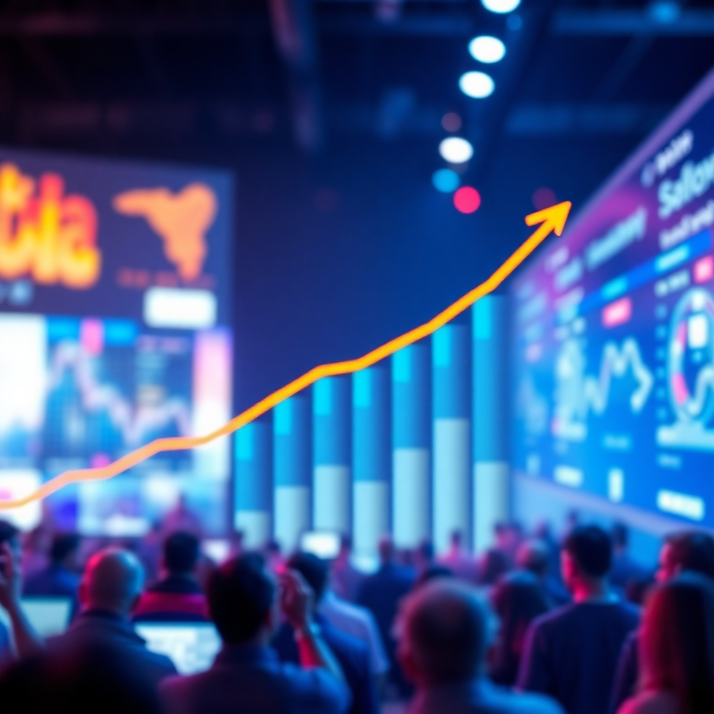 An image that represents an increase in online visibility. This could be an abstract visualization of website traffic growing, or a representation of a wider audience looking at a website. The color palette should be energetic and positive. The lighting should emphasize the idea of growth and expansion.  The overall style should be optimistic and dynamic, conveying a sense of expansion and growth.