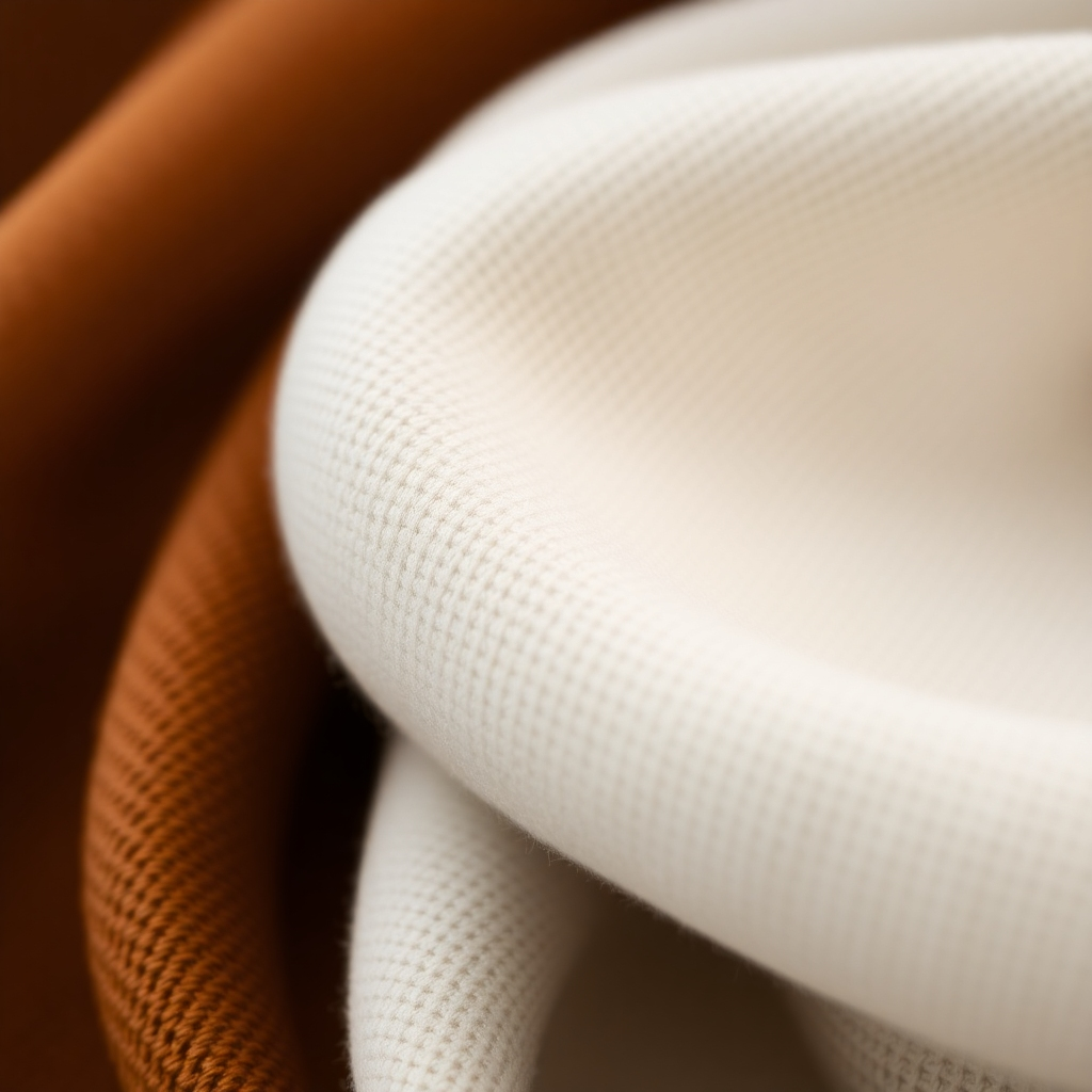 Close-up on the texture of the fabrics, emphasizing softness, breathability, and comfort. Use of soft, warm lighting.