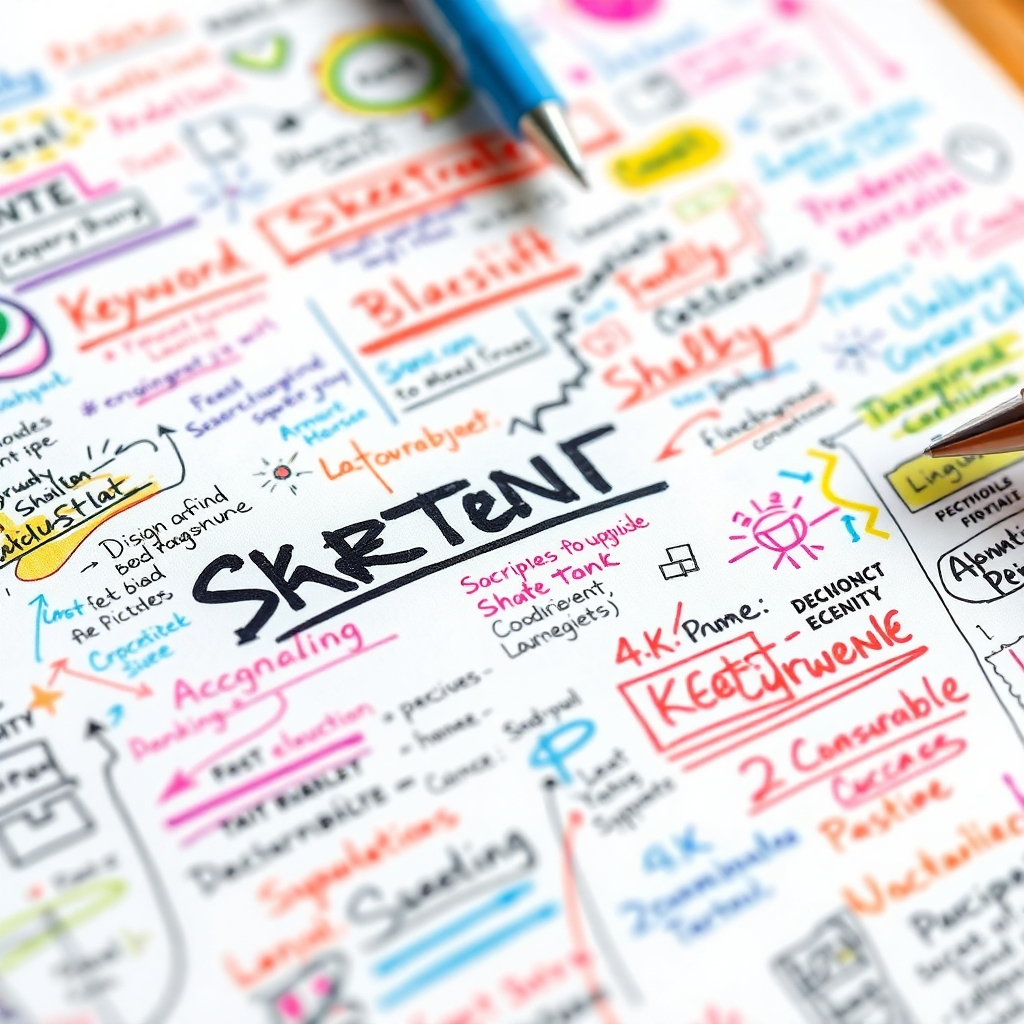 Create a photorealistic close-up shot of a sketchnoting page filled with colorful drawings and keywords. The image should convey the creative and engaging nature of sketchnoting. Use vibrant colors and dynamic composition to highlight the energy and efficiency of the method.   The style should be sharp and clear, with excellent detailing on the sketches. The image should feature a bright, well-lit setting, emphasizing the clarity and organization of the notes.  The resolution should be 4K.