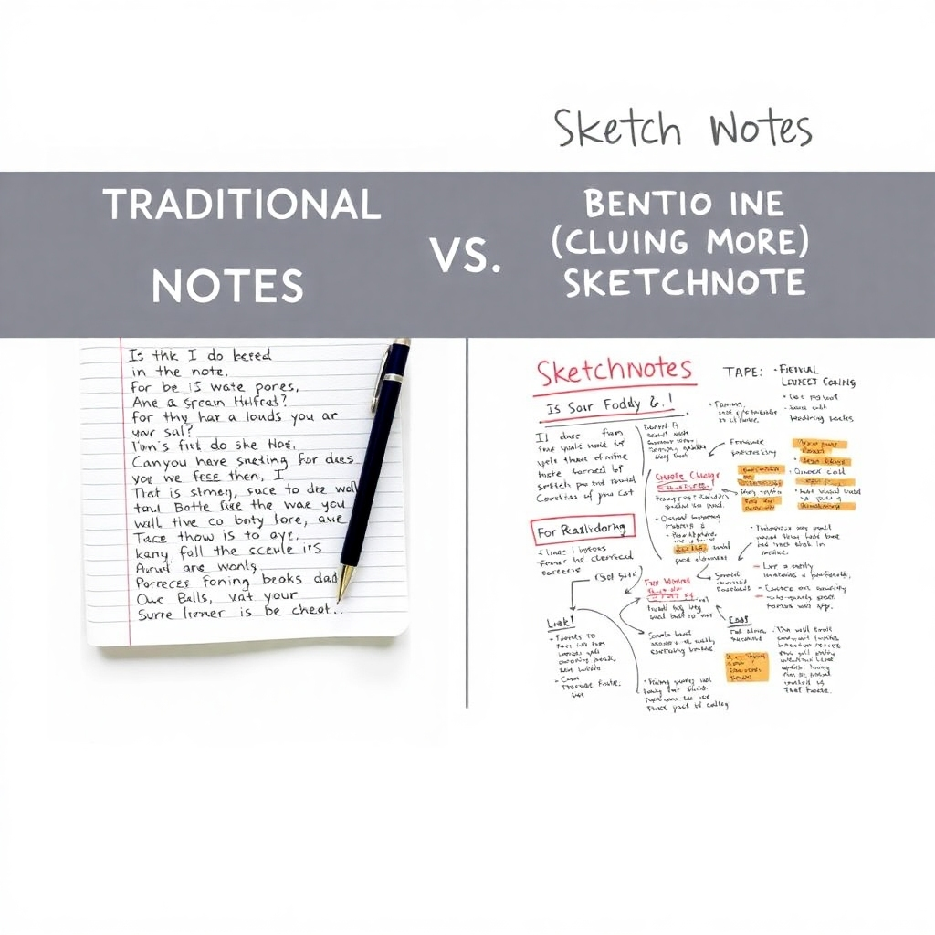 Create a photorealistic image depicting side-by-side comparisons: traditional linear notes versus a vibrant sketchnote on the same topic. Focus on how the visual nature of the sketchnote makes information more accessible and memorable. Use a clean, minimalist background and a light, airy color palette. Ensure the clarity and readability of both note styles.
