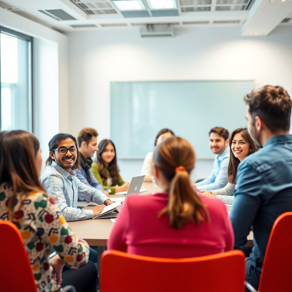 Create a photorealistic image of a training session, filled with diverse and engaged participants, in a modern and professional environment. Highlighting a positive learning experience. The image should be bright and friendly.