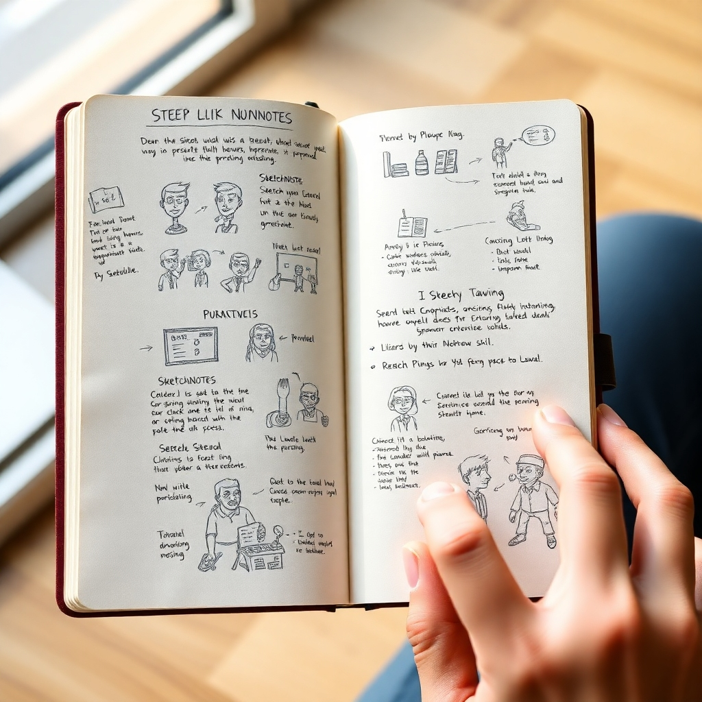Create a photorealistic image of a person's notebook filled with various examples of sketchnotes showcasing different levels of skill. This progression demonstrates that even with minimal initial drawing experience, consistent application of sketchnoting leads to improvement over time.  Use a natural lighting setting and a warm, earthy color palette.
