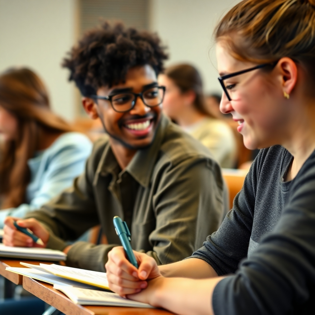 Create a photorealistic image showing a student actively engaged in sketchnoting during a lecture. The image should showcase the student's enthusiastic expression and the engaging nature of their notes.  Use a bright, natural color palette and focus on the detail of the sketchnote itself, using a close-up camera angle.  Style it similarly to an educational magazine cover.