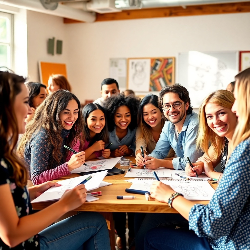 Create a photorealistic image of a diverse group of people actively engaged in a sketchnoting workshop. Capture their cheerful expressions and focus on the collaborative and enjoyable atmosphere.  Use a brightly lit environment with warm and inviting colors.  The style should be similar to lifestyle photography featured in lifestyle publications.