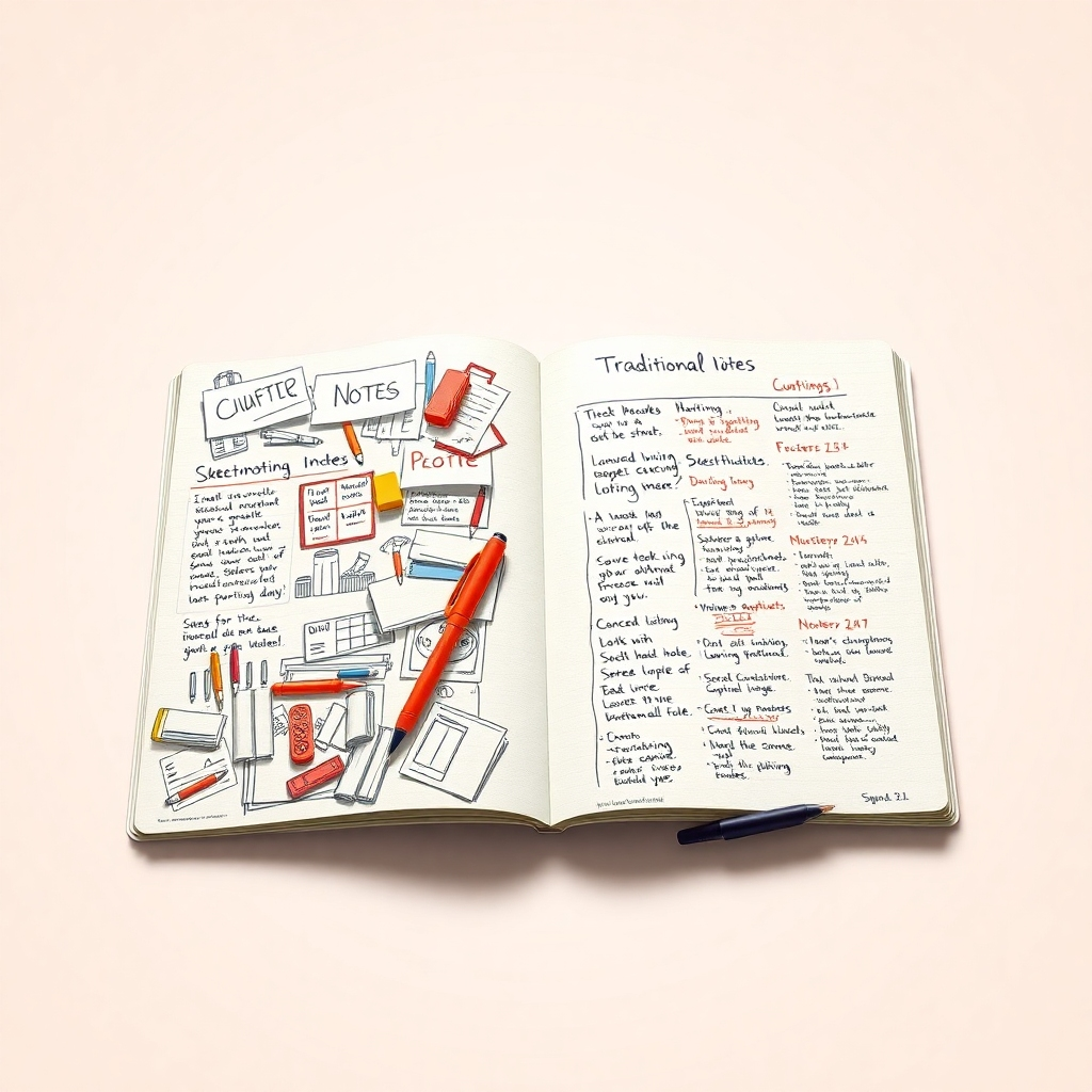 Create a photorealistic image that contrasts the cluttered look of traditional notes with the organized and visually appealing nature of sketchnotes.  The comparison should emphasize the improved recall potential offered by the sketchnoting method.  Use warm and inviting colors, and keep the background minimal to focus on the notes.