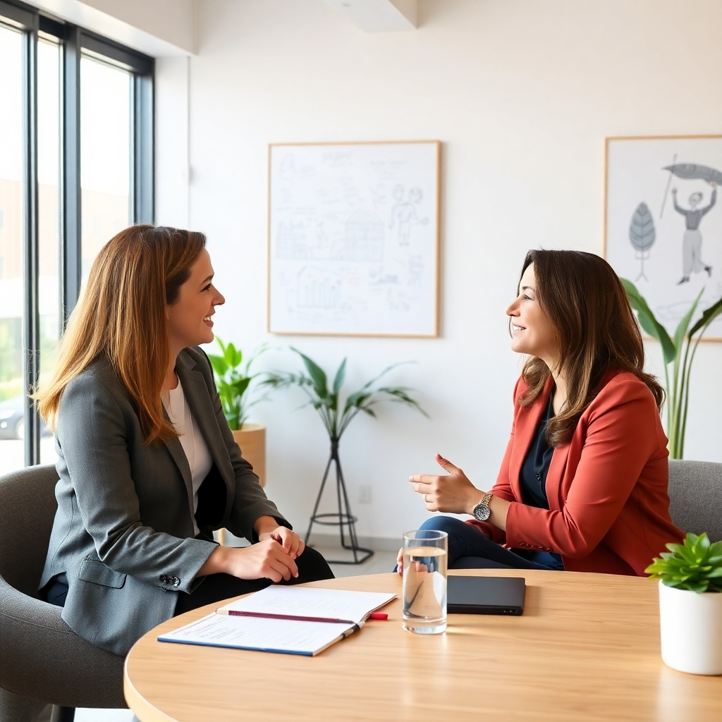 Create a photorealistic image showing a friendly consultation between a client and Anna, the owner of Anna Notuje, discussing sketchnote projects. The setting should be professional but welcoming, and the atmosphere should be collaborative. The style should aim for a personable and reassuring approach.