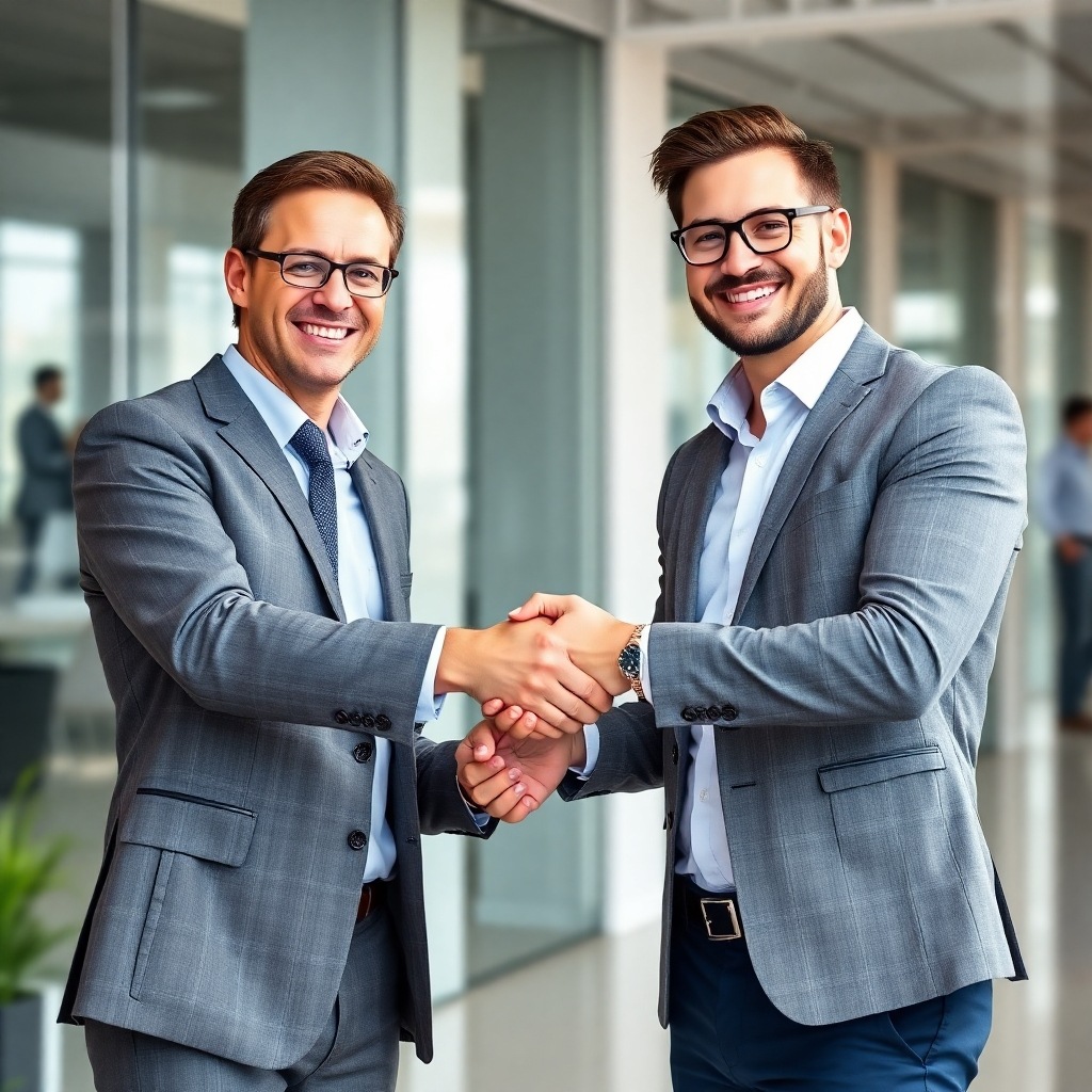 Create a photorealistic image showing a business consultant shaking hands with a client, both smiling, projecting success and trust. Use professional attire and modern office setting. The image conveys strong business relations, mutual trust, and successful collaboration.