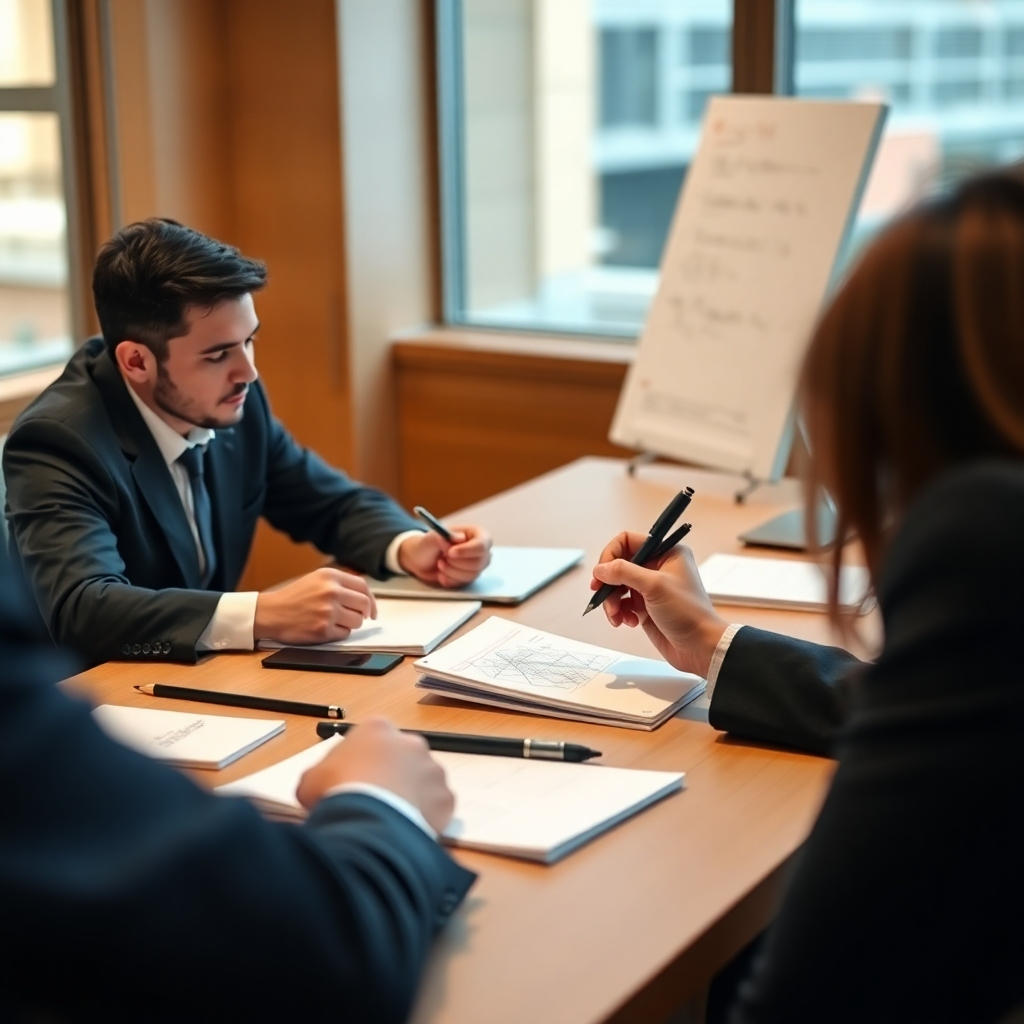 Create a photorealistic image depicting a person efficiently taking notes using sketchnoting during a business meeting. Focus on the speed and effectiveness of the method. Show a laptop and other meeting materials, implying a busy work environment. Use a slightly high-angle shot and a warm color palette. Style it similarly to a magazine article photo, aiming for a professional yet engaging feel.