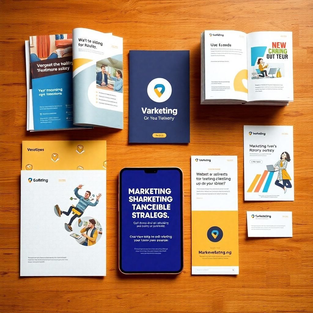 Create a photorealistic image depicting various marketing materials, such as brochures, digital ads, and social media posts, all featuring a unified and visually appealing brand identity, conveying a marketing strategy that delivers tangible results.