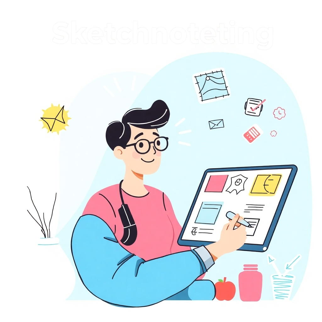 Create a stylized illustration of a person learning sketchnoting techniques through interactive elements, like an online course or a workshop. Use playful visuals and a pastel color scheme.  The image should showcase the ease and fun associated with learning the technique.  The style should be bright and friendly, similar to educational app marketing material.