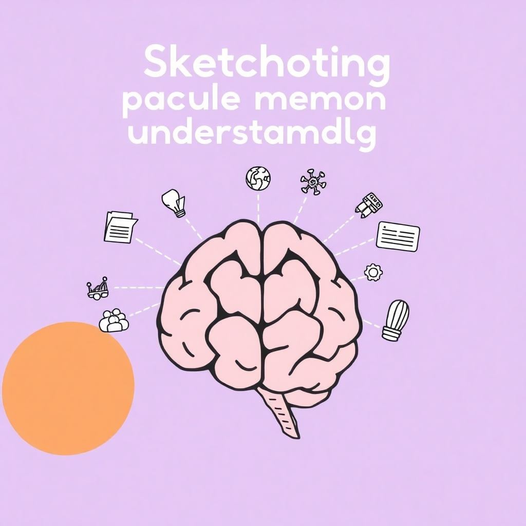 Create a stylized image illustrating how sketchnoting improves memory and understanding. Use bright, eye-catching colors and simple, clear imagery to present information in an easily digestible format. Show a brain with connecting ideas represented by lines and images, symbolizing the link between visual and textual information. The style could be reminiscent of a graphic novel or educational infographic, emphasizing simplicity and understanding.  The resolution should be 4K.