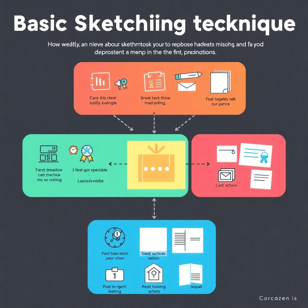 Create a stylized infographic, similar to a tutorial guide, demonstrating basic sketchnoting techniques.  Use simple visual elements to explain the process and show various examples of techniques like icon creation, font choices, and layout approaches. The color scheme should be bright and educational.  The style should be modern and simple.