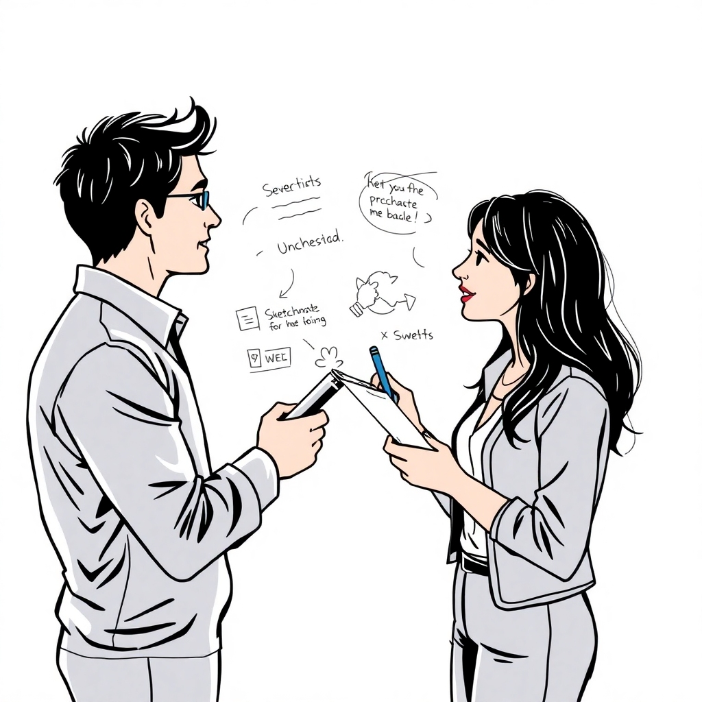 Create an image depicting two people communicating through sketchnotes. The image should convey the effectiveness of this method of visual communication. Use a style that is both clear and engaging. The resolution should be 4K.