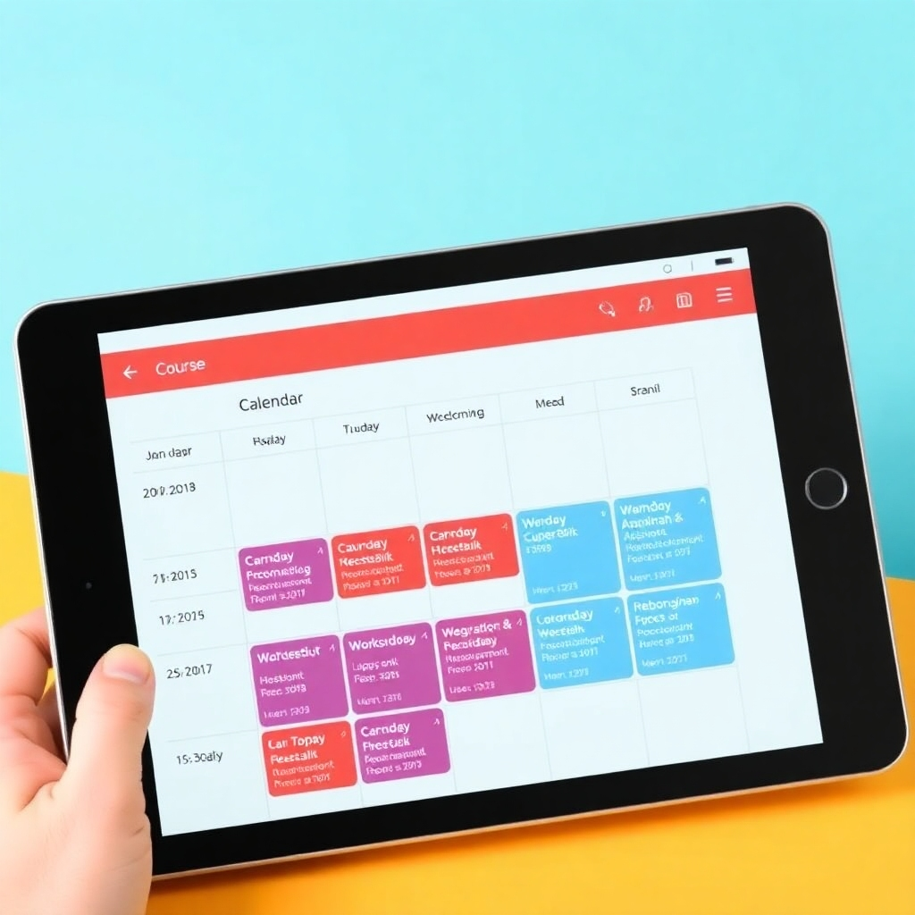 Create an image of a calendar application on a tablet screen, showing upcoming course and workshop dates. The calendar should be bright and easy-to-read and use visual cues to make it clear these are events you shouldn't miss.