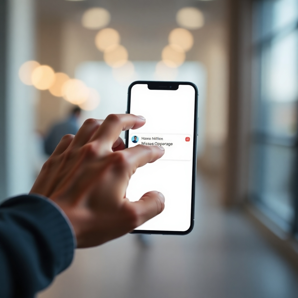 Create an image representing missed opportunity: a blurry background with a focused image of a hand reaching for a disappearing notification on a smartphone. The design must communicate the value proposition clearly. Use a dynamic composition and impactful color choices.
