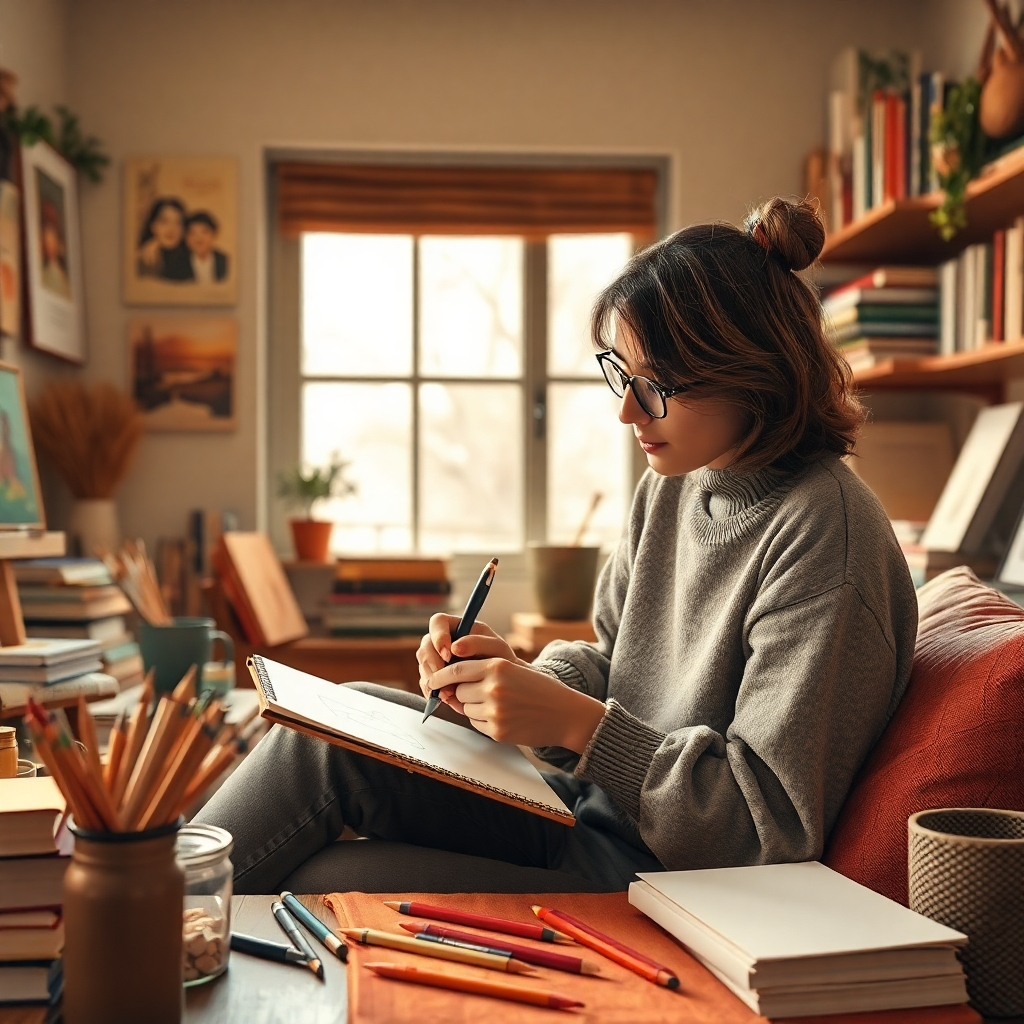 Generate a photorealistic image showing a person actively sketching, with a focus on the creative process. Use a warm color palette to convey a feeling of comfort and inspiration.  The image could depict a person in a cozy, inviting space surrounded by art supplies, books, and other elements reflecting their creative style.  The composition should be relaxed and informal, emphasizing the creative process. The resolution should be 4K.