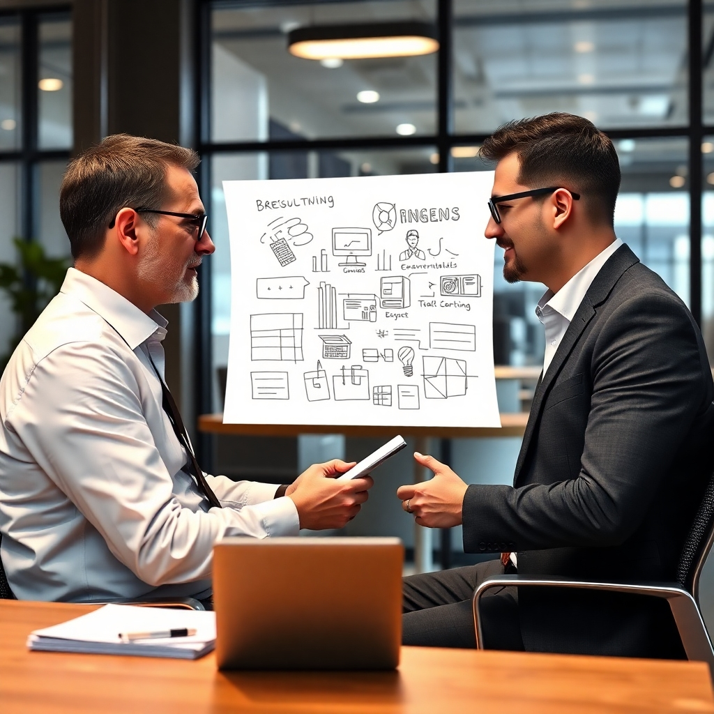 Generate a photorealistic image of a consultant working with a client, using sketchnoting to explain a business concept. The image should highlight the collaborative nature of the consulting process. The image should feature a modern and professional office setting, showcasing the use of technology along with traditional sketchnoting tools. The resolution should be 4K.