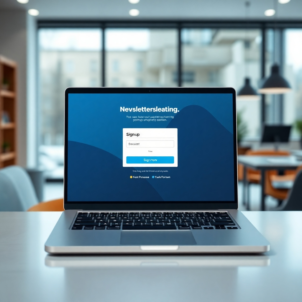 Generate a photorealistic image depicting a laptop with a newsletter signup form displayed on the screen, showcasing a professional-looking website in the background. Include visual elements suggesting success and growth. Focus on a well-lit setting, conveying openness and invitation. Use modern and sleek aesthetics.