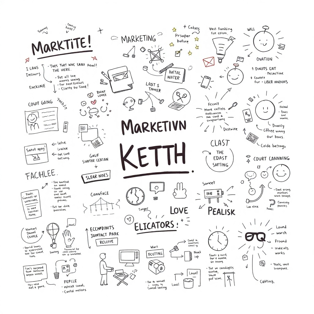 Generate a photorealistic image showcasing a diverse range of professional sketchnotes. These could include marketing concepts, business strategies, or educational materials. Highlight the quality, detail, and creativity of the sketchnotes. Use a clean, professional background and lighting. The style should be similar to high-quality marketing materials.