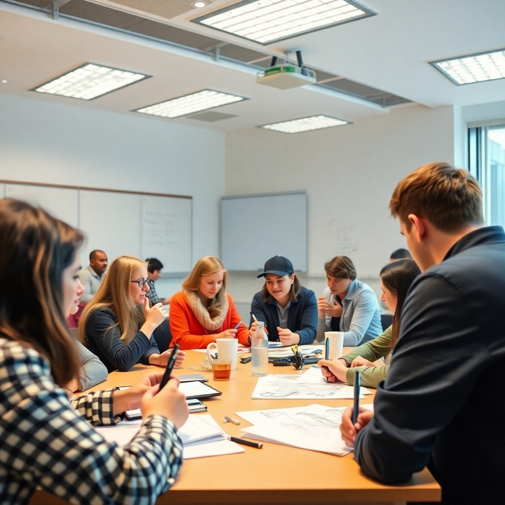 Generate a photorealistic image of a group of people participating in a sketchnoting workshop. The image should focus on the interactive and collaborative nature of the workshop. The image should feature a bright and welcoming classroom setting, with participants actively engaged in sketching. The resolution should be 4K.